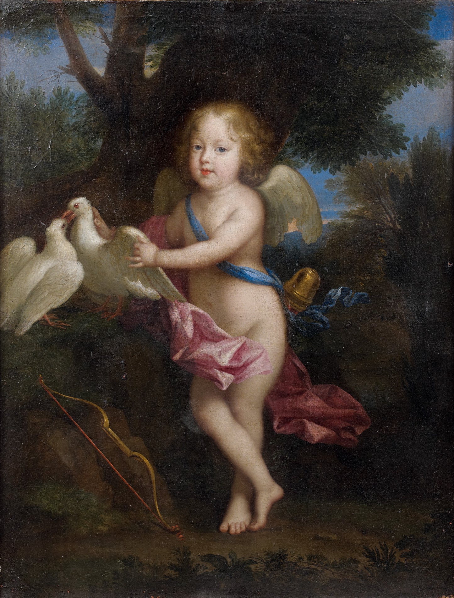 Portrait d'un jeune garçon en cupidon jouant avec des colombes, vintage artwork by Jean Nocret, 12x8" (A4) Poster