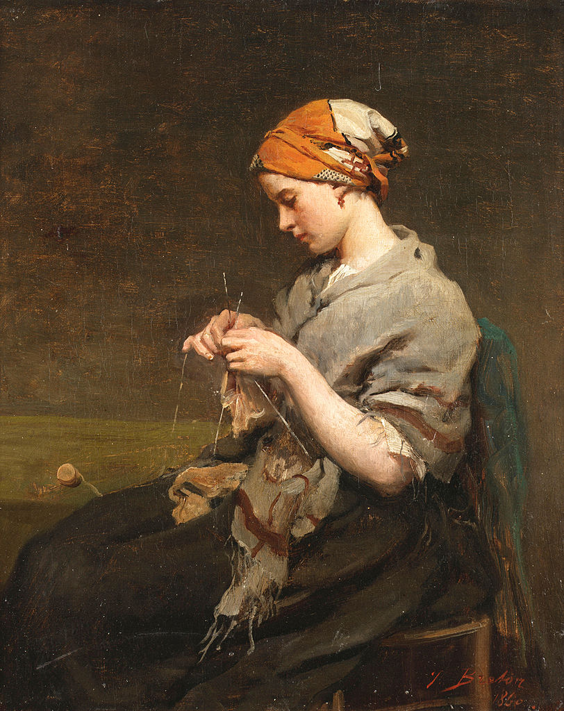 Jeune fille tricotant (Young Girl Knitting), vintage artwork by Jules-Adolphe Breton, 12x8" (A4) Poster