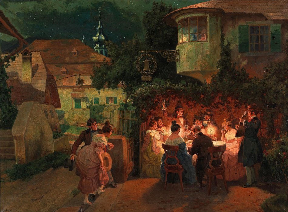 Beim Heurigen in Grinzing, vintage artwork by Rudolf Alfred Höger, 12x8" (A4) Poster