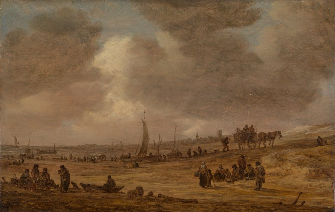 A Beach with Fishing Boats, vintage artwork by Jan van Goyen, 12x8" (A4) Poster
