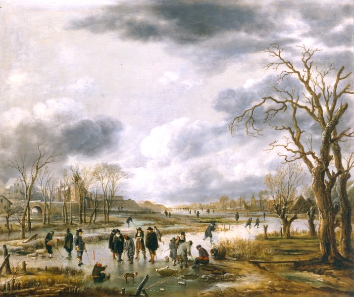 Scene on the Ice outside the Town Walls, vintage artwork by Aert van der Neer, 12x8" (A4) Poster