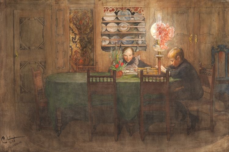 Homework, vintage artwork by Carl Larsson, 12x8" (A4) Poster