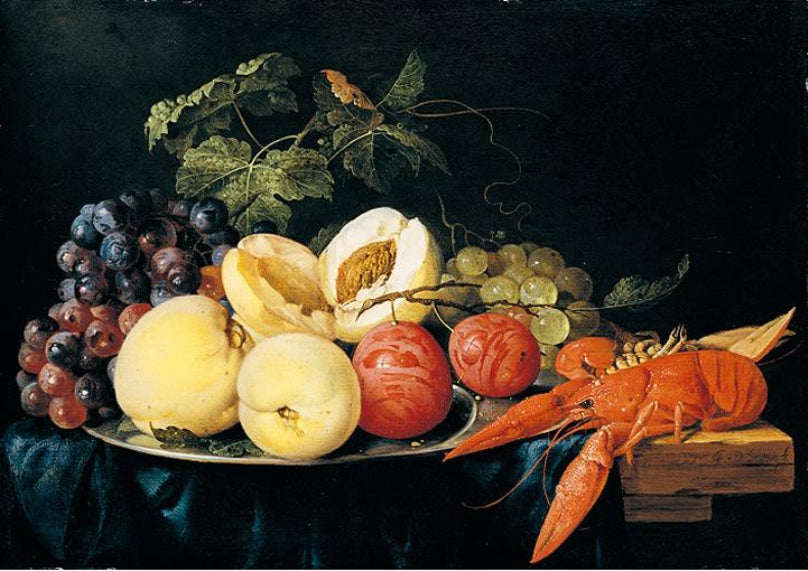 Still Life of Peaches, Plums and a Lobster, vintage artwork by Jan Davidsz. de Heem, 12x8" (A4) Poster