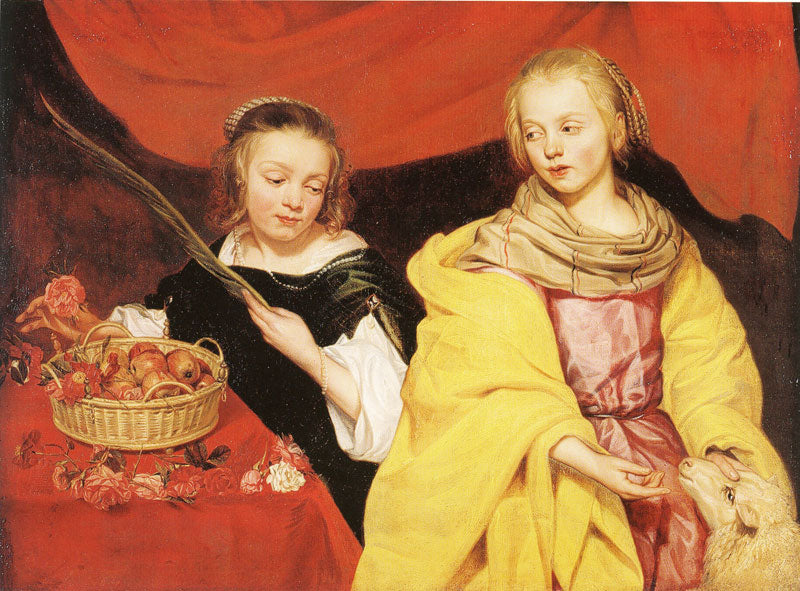 Two Girls as Saint Agnes and Saint Dorothy, vintage artwork by Thomas Willeboirts Bosschaert, 12x8" (A4) Poster