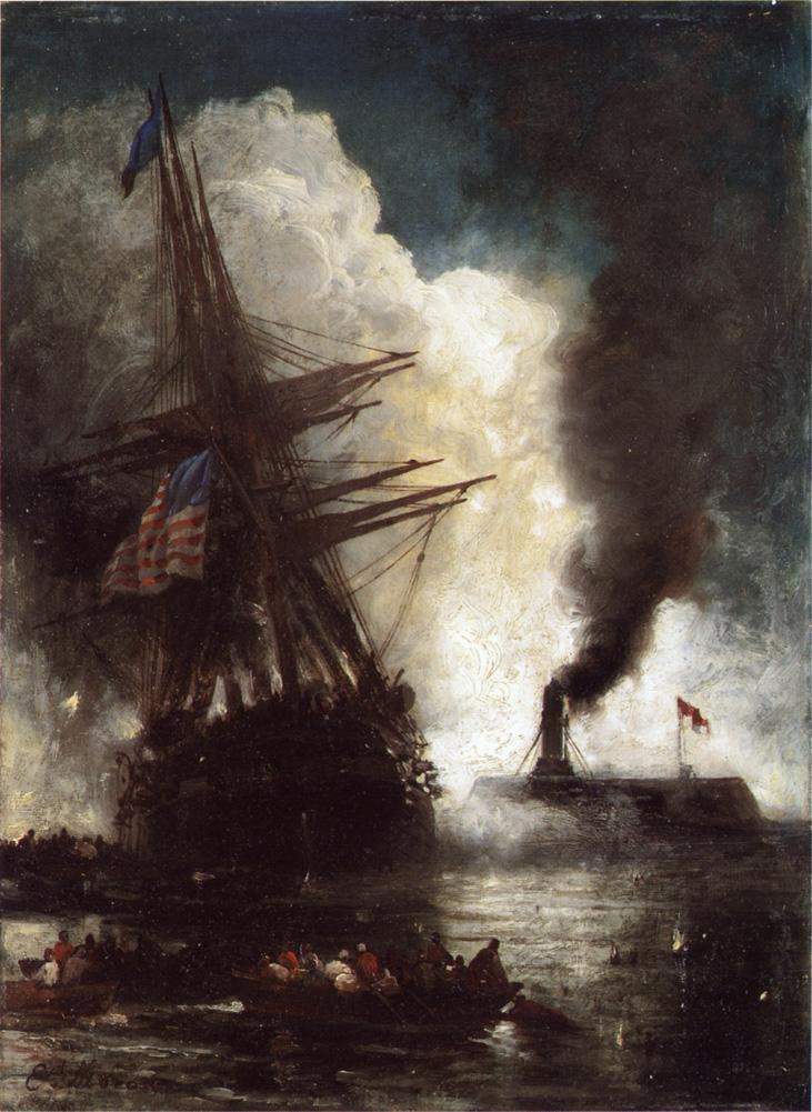 Battle Between Ironclad, Merrimac and Chesapeake, vintage artwork by Edward Moran, 12x8" (A4) Poster