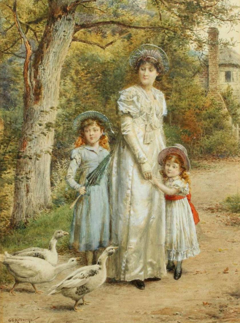 An encounter with geese, vintage artwork by George Goodwin Kilburne, 12x8" (A4) Poster
