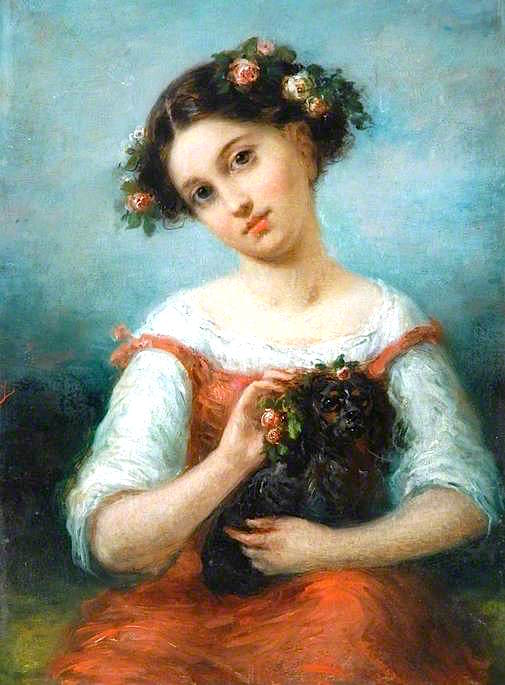 Girl Crowned with Roses, Holding a Dog, vintage artwork by Pierre Joseph Dedreux-Dorcy, 12x8" (A4) Poster