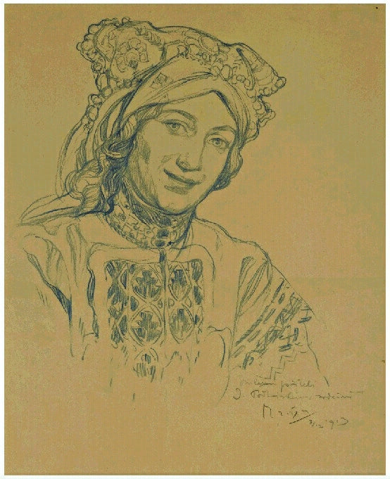 A Woman in a Folk Costume by Alfons Mucha,A3(16x12")Poster