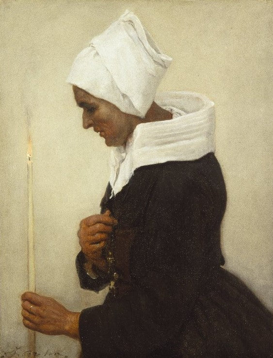 Breton Peasant Woman Holding a Taper, vintage artwork by Jules-Adolphe Breton, 12x8" (A4) Poster