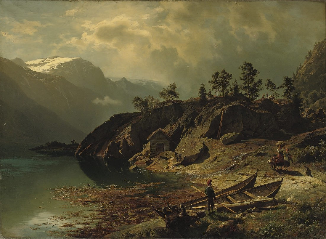 Figures near a Mountain Lake, vintage artwork by August Wilhelm Leu, A3 (16x12") Poster Print
