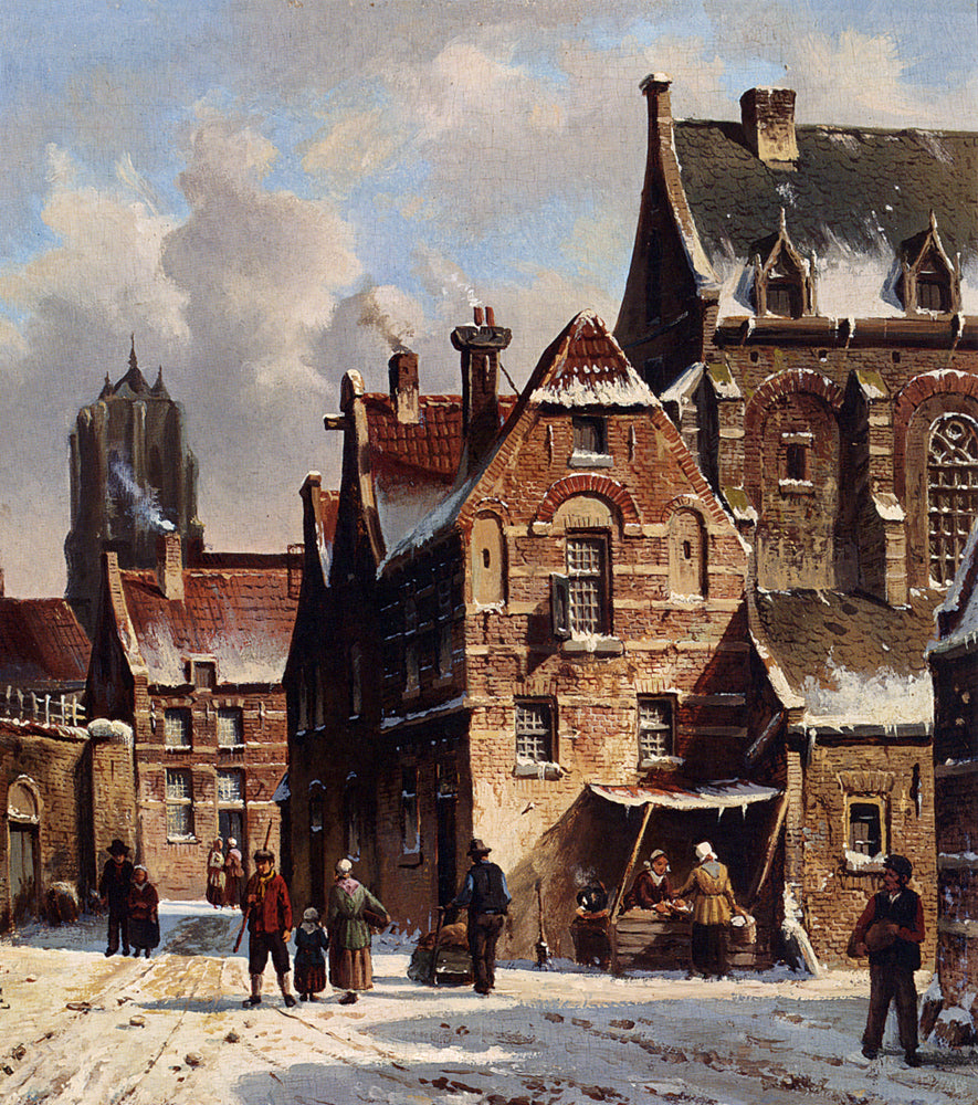 Figures in the Streets of a Wintry Town, vintage artwork by Adrianus Eversen, A3 (16x12") Poster Print