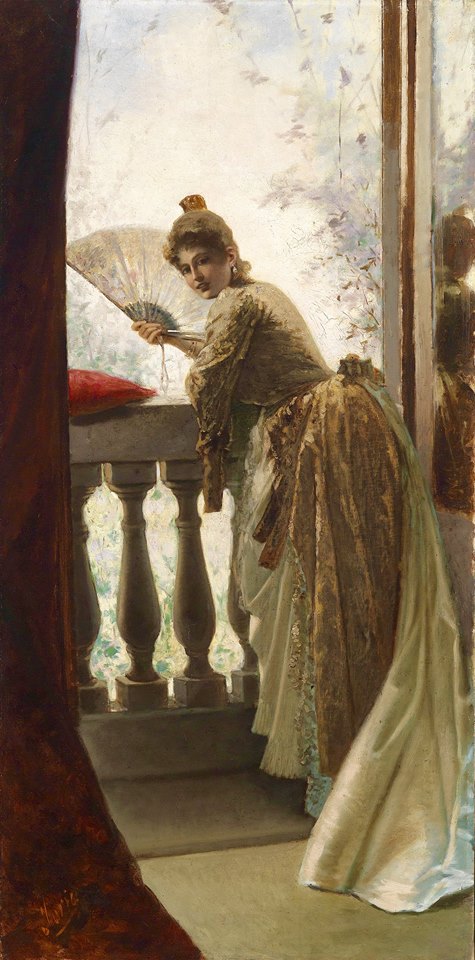 Lady with fan on the balcony, vintage artwork by Luigi Sorio, 12x8" (A4) Poster