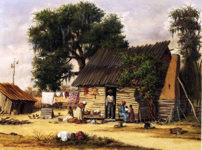 Family Gathered by a Cabin, vintage artwork by William Aiken Walker, 12x8" (A4) Poster