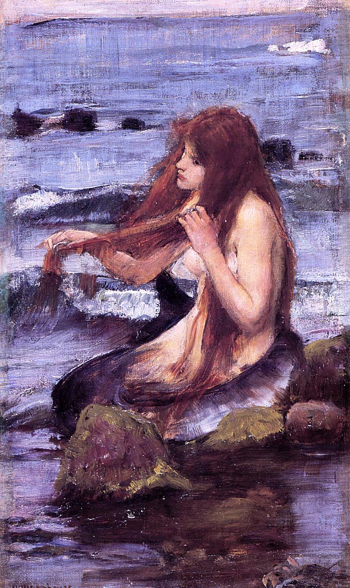 Sketch for 'A Mermaid', vintage artwork by John William Waterhouse, 12x8" (A4) Poster