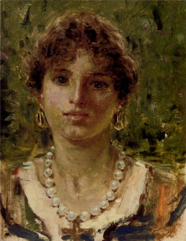 Portrait Of A Girl Wearing A Pearl Necklace, vintage artwork by Francesco Paolo Michetti, 12x8" (A4) Poster