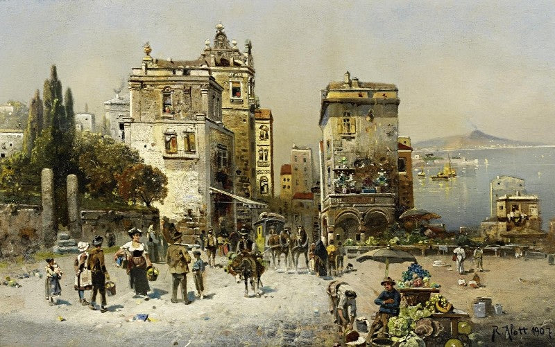 Busy street scene in Naples, vintage artwork by Robert Alott, 12x8" (A4) Poster