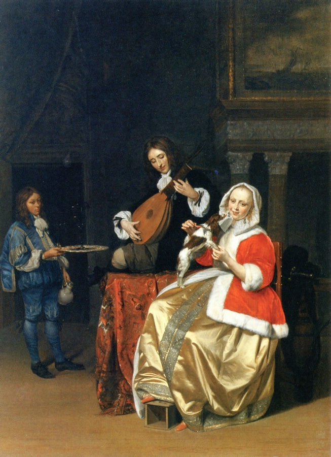 A Man Playing the Lute, a Woman with a Dog, and a Page, vintage artwork by Gabriël Metsu, 12x8" (A4) Poster