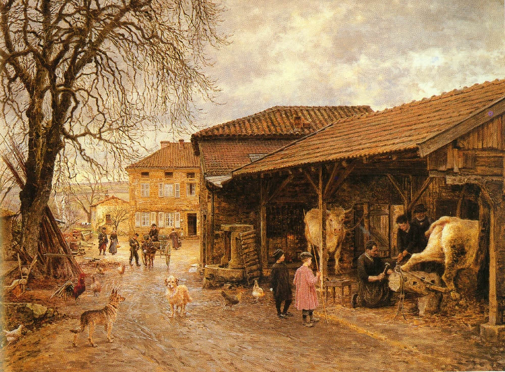 Shoeing the Oxen, vintage artwork by Marie-Francois Firmin-Girard, 12x8" (A4) Poster