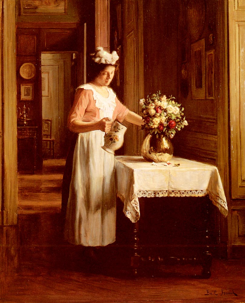 A Maid Watering Flowers by Franck Antoine Bail,A3(16x12")Poster
