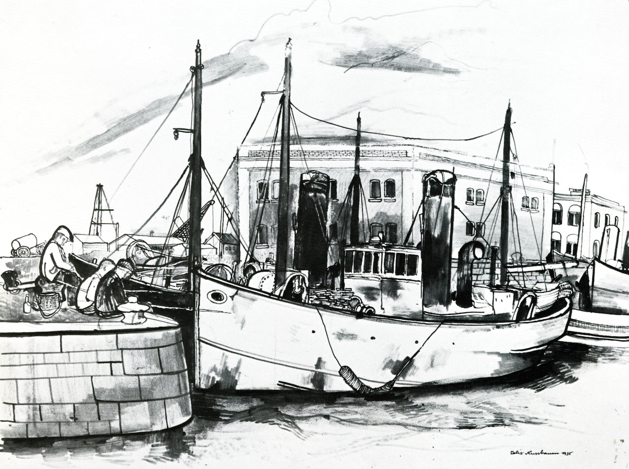 Anglers in the Harbor, vintage artwork by Felix Nussbaum, 12x8" (A4) Poster