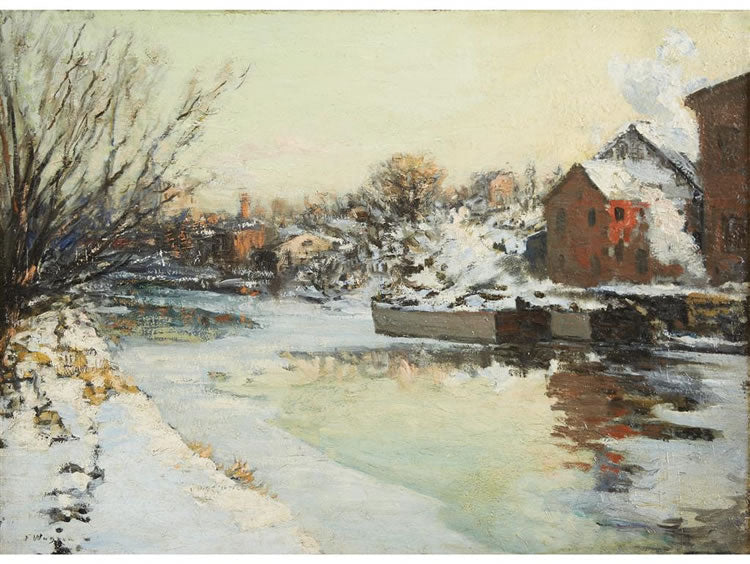 Factory by the Canal, Winter, vintage artwork by Frederick (Fred) R. Wagner, 12x8" (A4) Poster