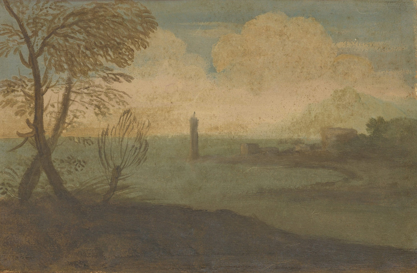 Coastal Landscape with Tower, vintage artwork by Pier Francesco Mola, 12x8" (A4) Poster