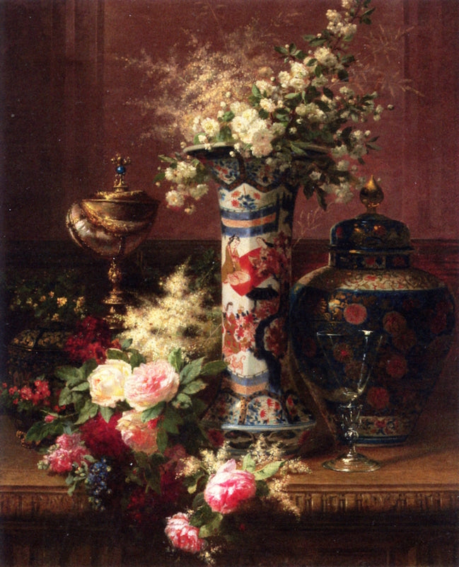 Roses, Peonies and Forget-me-nots in a Japanese Vase, vintage artwork by Jean Baptiste Robie, A3 (16x12") Poster Print