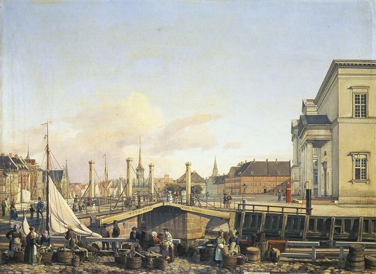 Højbro and women selling fish at Gammel Strand in Copenhagen, Denmark., vintage artwork by Vilhelm Petersen, A3 (16x12") Poster Print