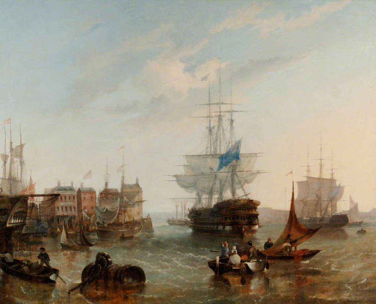 HMS 'Asia' Leaving Portsmouth Harbour, vintage artwork by William Adolphus Knell, A3 (16x12") Poster Print