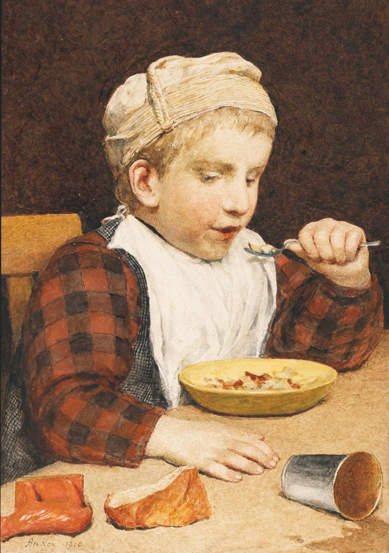 Boy with Hat Eating, vintage artwork by Albert Anker, 12x8" (A4) Poster