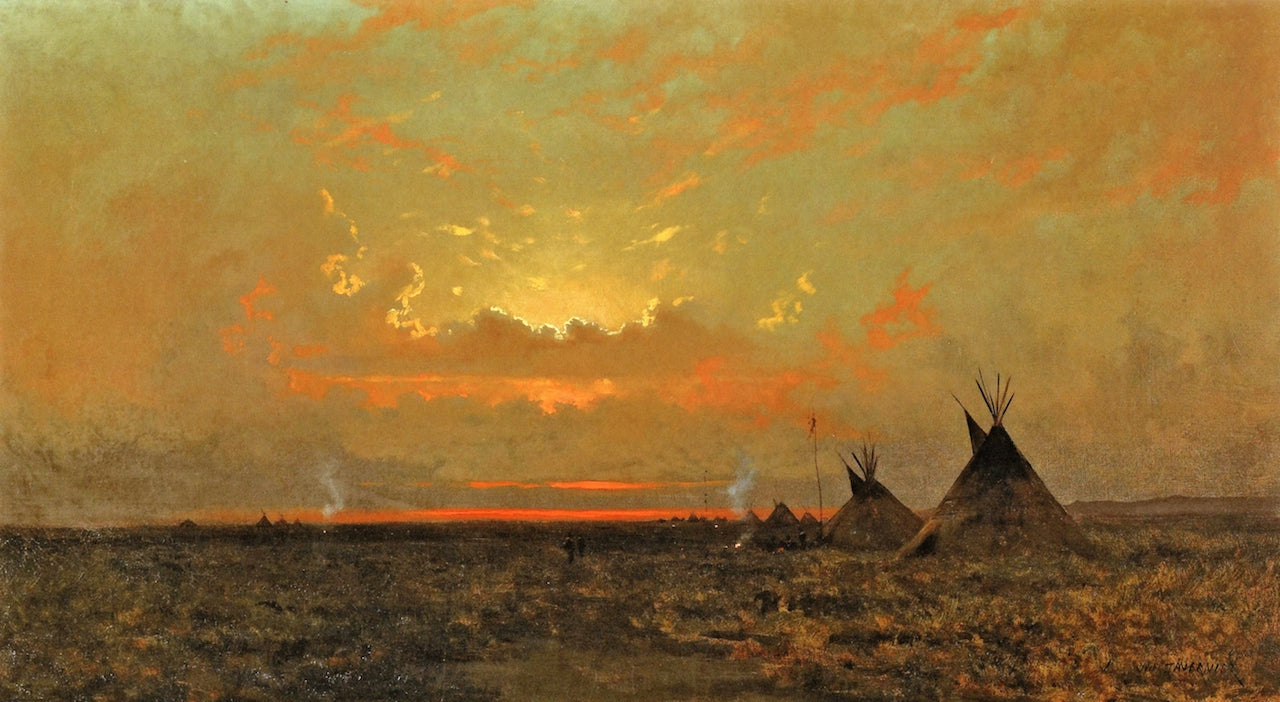 Indian Encampment at Dusk, vintage artwork by Jules Tavernier, 12x8" (A4) Poster