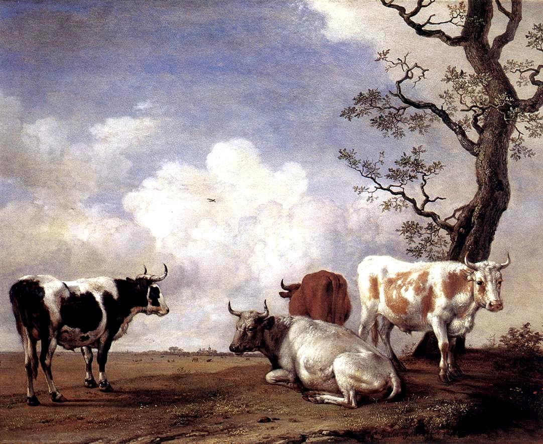 Four Bulls, vintage artwork by Paulus Potter, 12x8" (A4) Poster