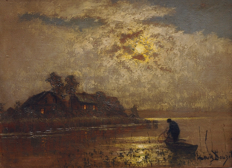Fisherman in the Moonlight, vintage artwork by Louis Douzette, 12x8" (A4) Poster