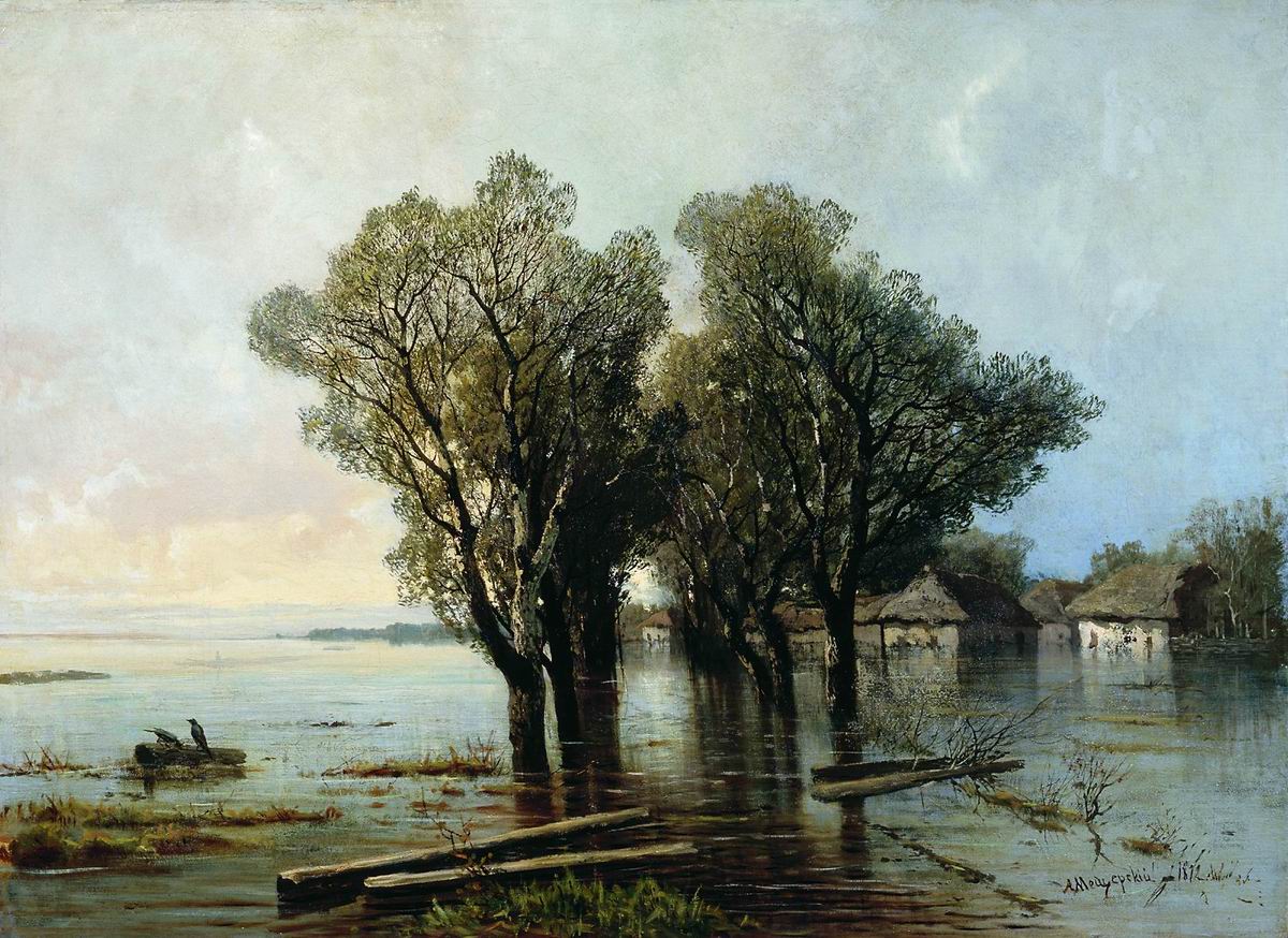 Flood in the Village, vintage artwork by Arseny Meschersky, 12x8" (A4) Poster