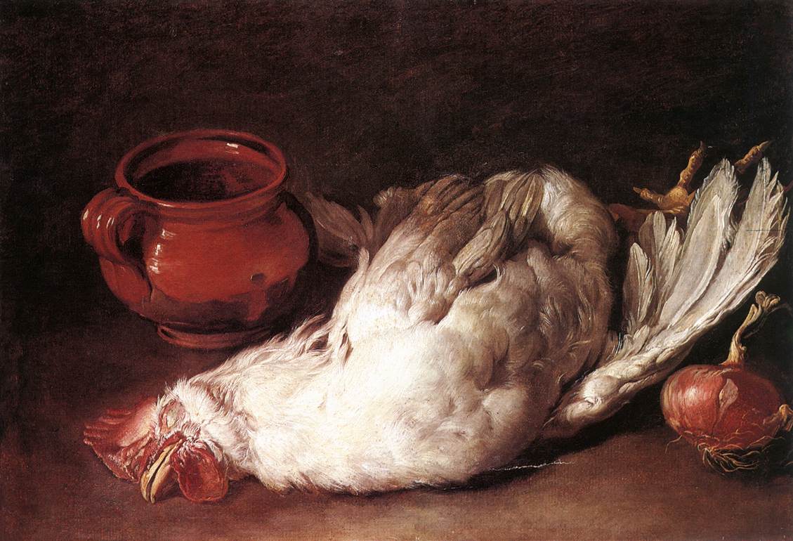 Still-Life with Hen, Onion and Pot, vintage artwork by Giacomo Ceruti, 12x8" (A4) Poster