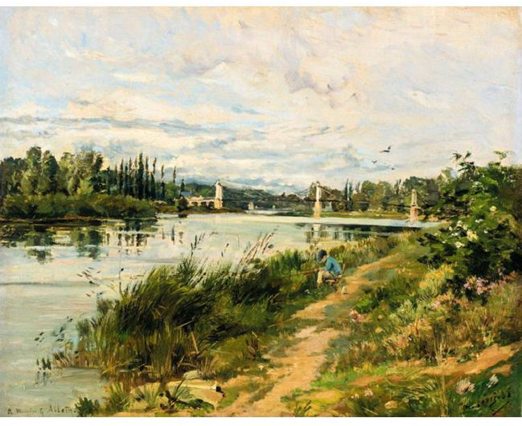Fishing near Villeneuve la Garonne, Paris by Maurice Levis,A3(16x12")Poster