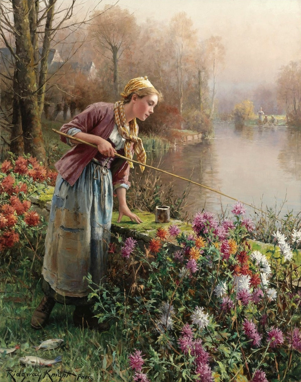 Brittany girl fishing, vintage artwork by Daniel Ridgway Knight, 12x8" (A4) Poster