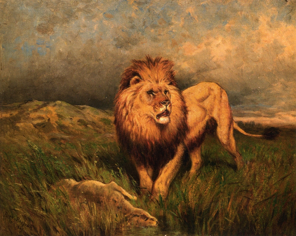 Lion and Prey, vintage artwork by Rosa Bonheur, 12x8" (A4) Poster