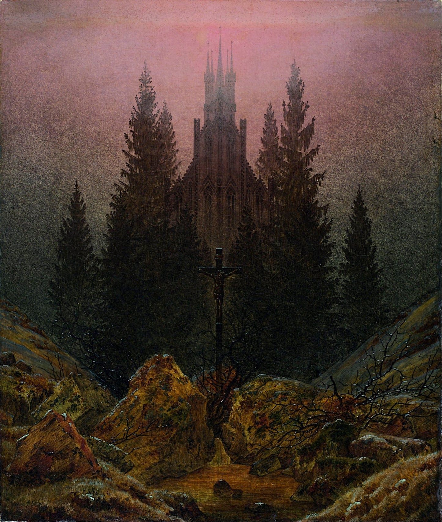 Cross and Cathedral in the Mountains, vintage artwork by Caspar David Friedrich, 12x8" (A4) Poster