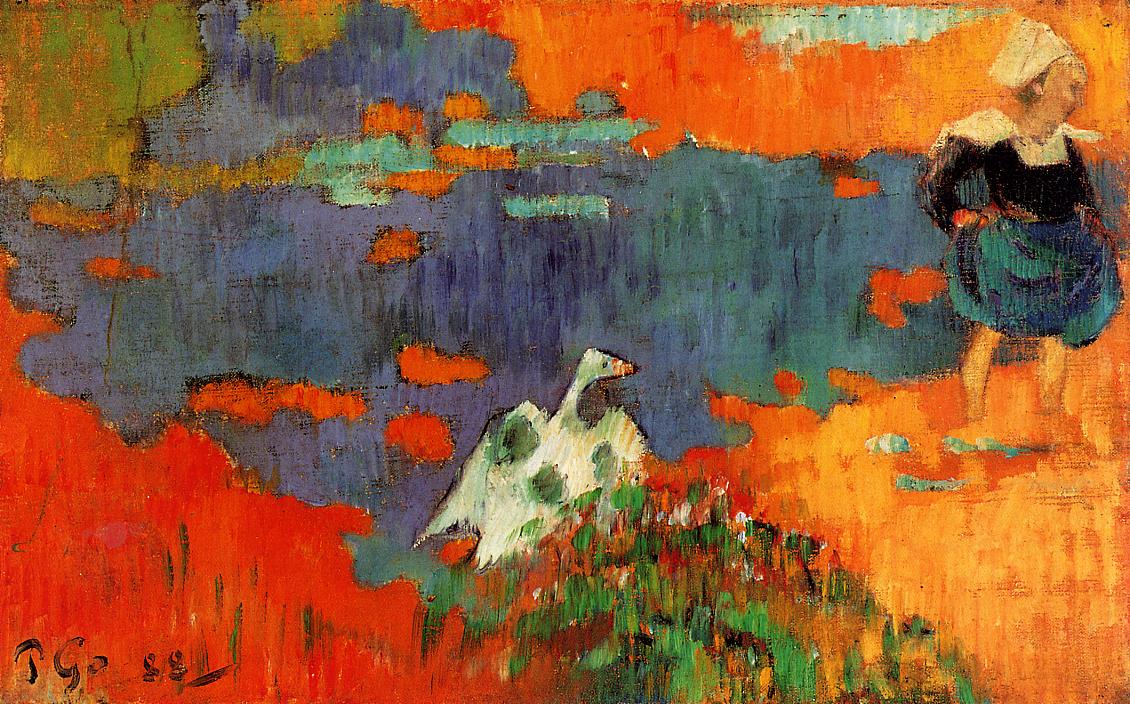 Breton Woman and Goose by the Water, vintage artwork by Paul Gauguin, 12x8" (A4) Poster
