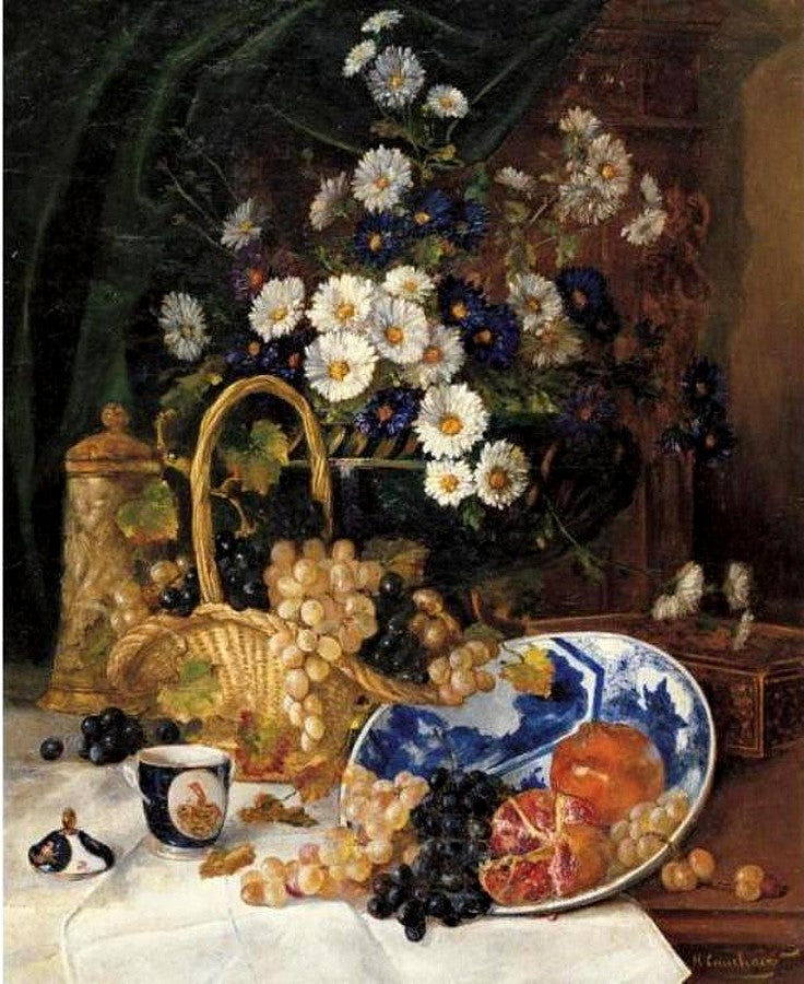 Still life with Flowers and Fruit, vintage artwork by Eugene Henri Cauchois, 12x8" (A4) Poster