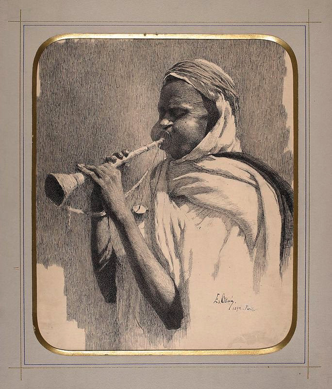 Arab Playing a Trumpet, vintage artwork by Edward Okuń, 12x8" (A4) Poster