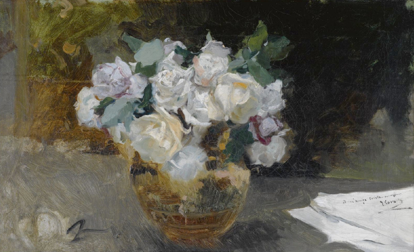 Bodegon de Rosas Blancas, vintage artwork by Joaquin Sorolla y Bastida, 12x8" (A4) Poster