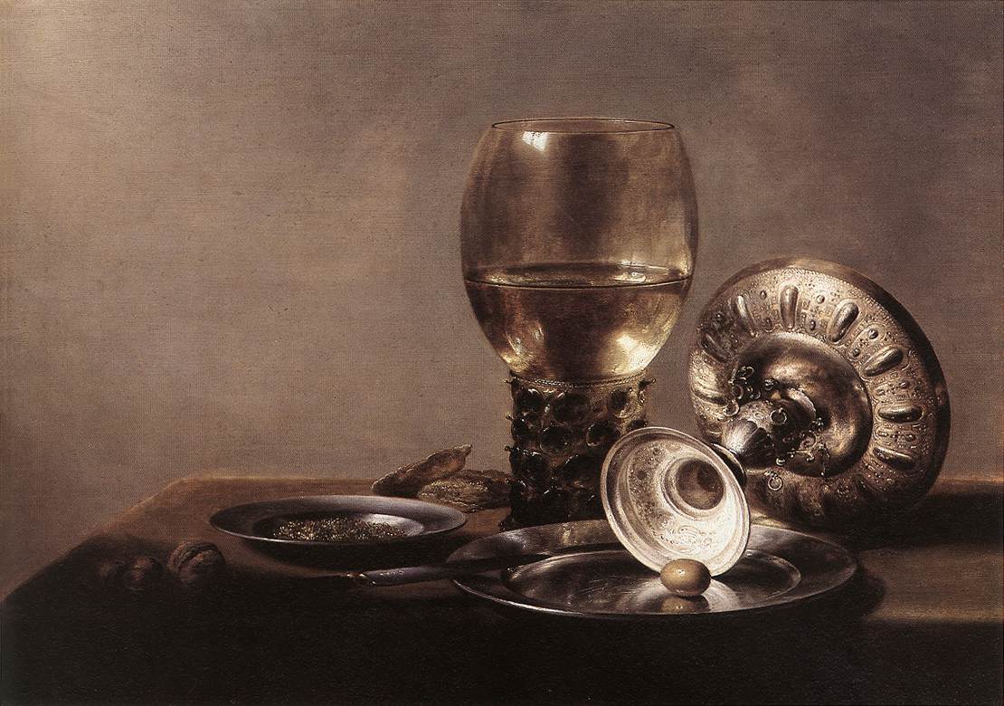 Still Life with Wine Glass and Silver Bowl, vintage artwork by Pieter Claesz, 12x8" (A4) Poster