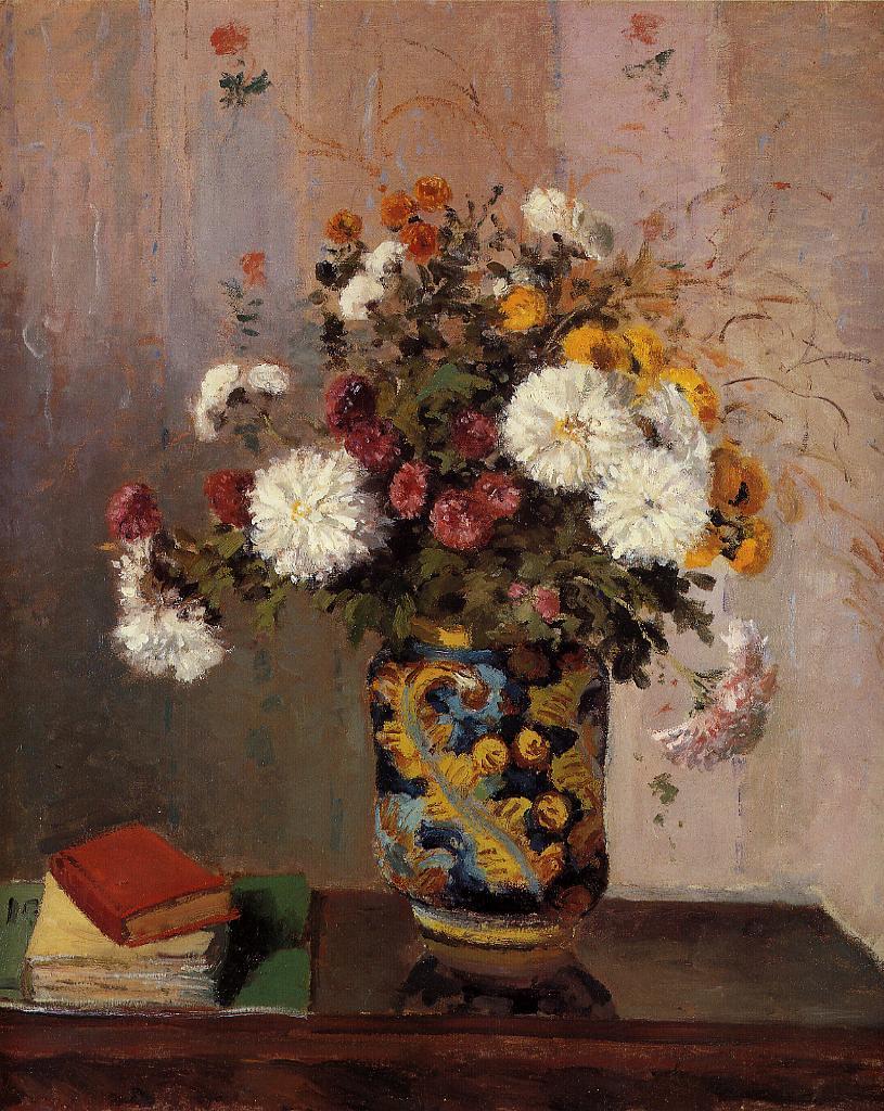 Bouquet of Flowers: Chrysanthemums in a China Vase, vintage artwork by Theodore Robinson, 12x8" (A4) Poster