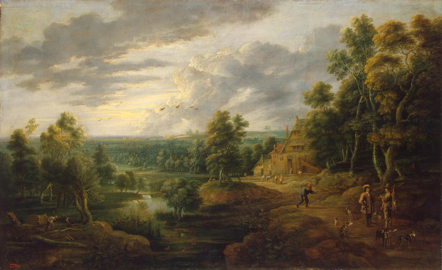 Landscape with Trees near a River (Landscape with Hunters), vintage artwork by Lucas van Uden, 12x8" (A4) Poster