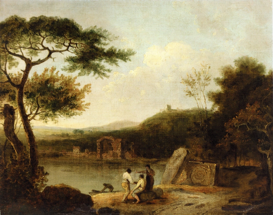 Lake Avernus with Figures in the Foreground and the Temple of Apollo beyond, vintage artwork by Richard Wilson, R. A., 12x8" (A4) Poster