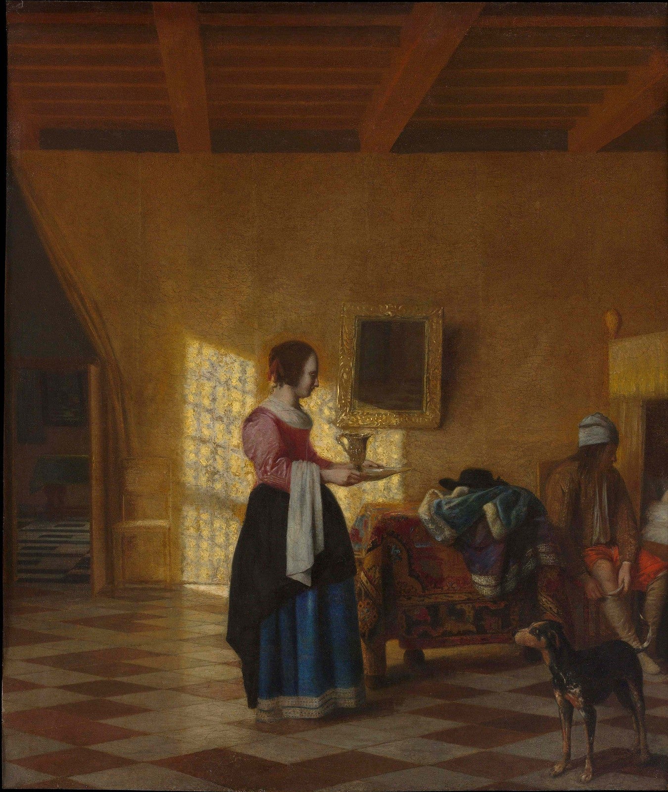 Woman with a Water Pitcher, and a Man by a Bed, vintage artwork by Pieter de Hooch, 12x8" (A4) Poster