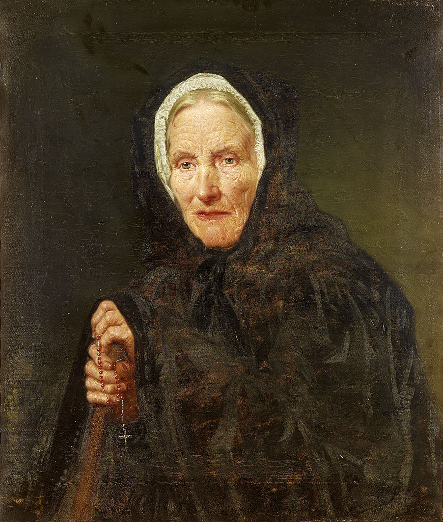 Old Woman with a Rosary, vintage artwork by Carl d'Unker, 12x8" (A4) Poster
