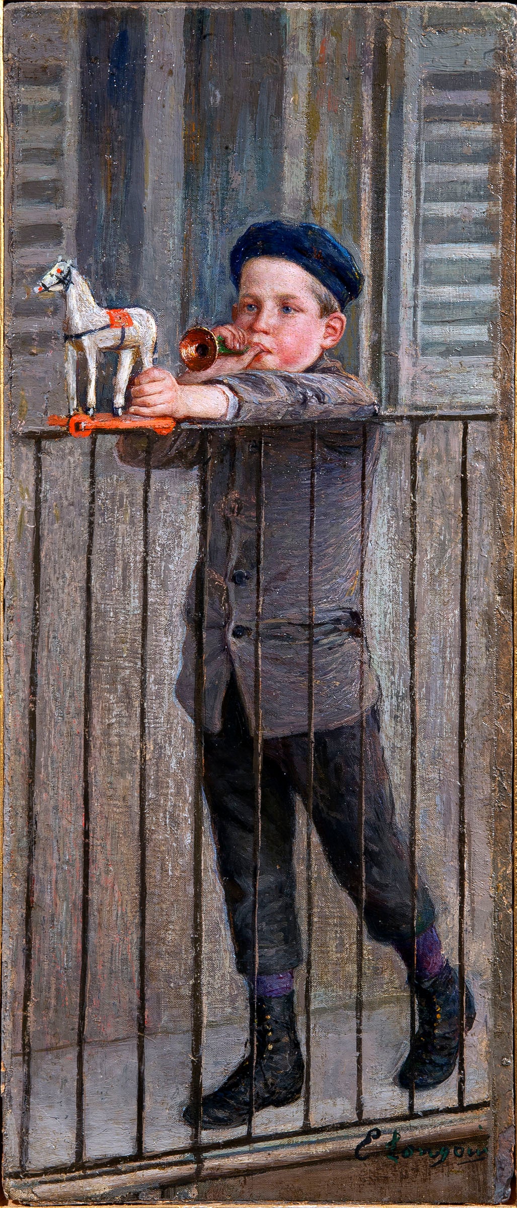Boy with trumpet and pony by Emilio Longoni,A3(16x12")Poster